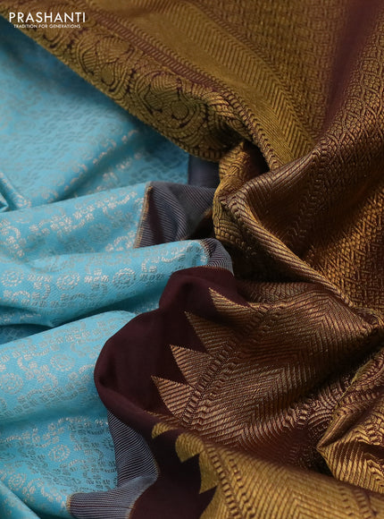 Kanchipuram silk saree light blue and coffee brown with allover silver zari woven brocade weaves and long rich zari woven border