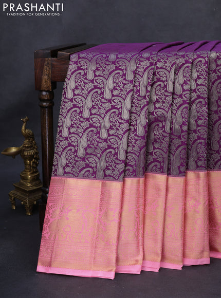 Kanchipuram silk saree purple and candy pink with allover silver zari woven brocade weaves and long rich zari woven border