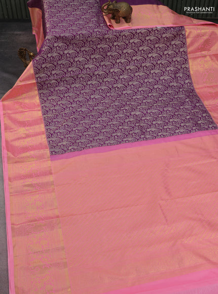 Kanchipuram silk saree purple and candy pink with allover silver zari woven brocade weaves and long rich zari woven border