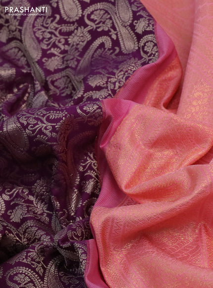 Kanchipuram silk saree purple and candy pink with allover silver zari woven brocade weaves and long rich zari woven border