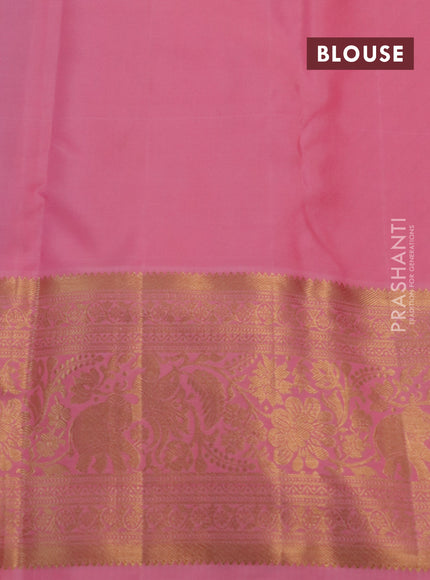 Kanchipuram silk saree purple and candy pink with allover silver zari woven brocade weaves and long rich zari woven border