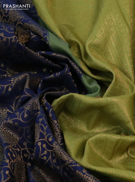 Kanchipuram silk saree dark blue and green with allover zari woven brocade weaves and long rich zari woven border