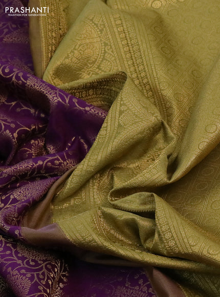 Kanchipuram silk saree purple and green shade with allover zari woven brocade weaves and long rich zari woven border
