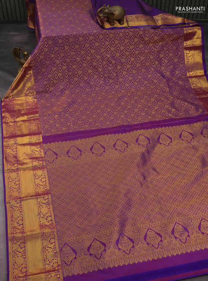 Kanchipuram silk saree dual shade of purple with allover zari woven brocade weaves and long rich zari woven border