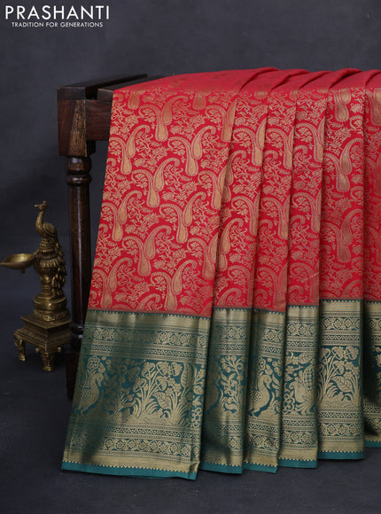 Kanchipuram silk saree red and green shade with allover zari woven brocade weaves and long rich zari woven border