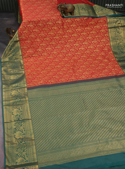 Kanchipuram silk saree red and green shade with allover zari woven brocade weaves and long rich zari woven border