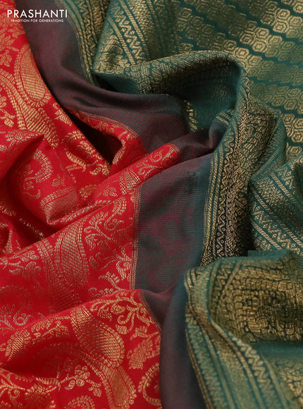 Kanchipuram silk saree red and green shade with allover zari woven brocade weaves and long rich zari woven border