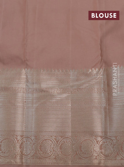 Kanchipuram silk saree pastel brown with allover silver zari woven brocade weaves and long rich silver zari woven border