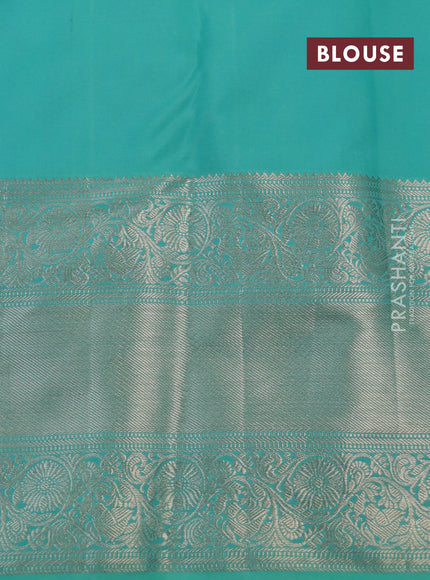 Kanchipuram silk saree teal green with allover silver zari woven brocade weaves and long rich silver zari woven border