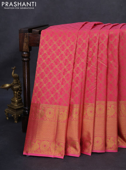 Kanchipuram silk saree pink with allover zari woven brocade weaves and long rich zari woven border