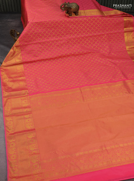 Kanchipuram silk saree pink with allover zari woven brocade weaves and long rich zari woven border