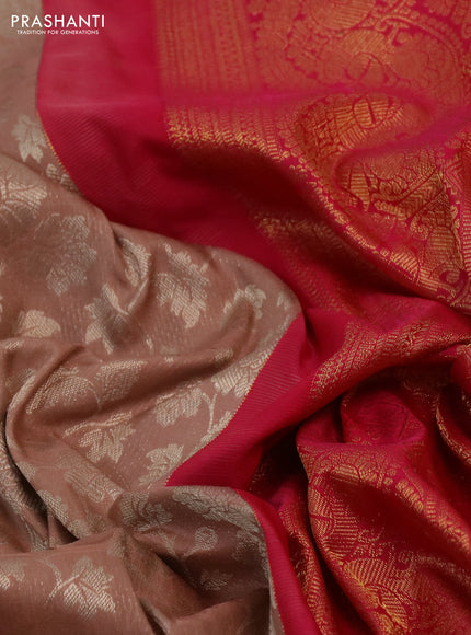 Kanchipuram silk saree pastel brown and pink with allover silver zari woven brocade weaves and long rich zari woven border