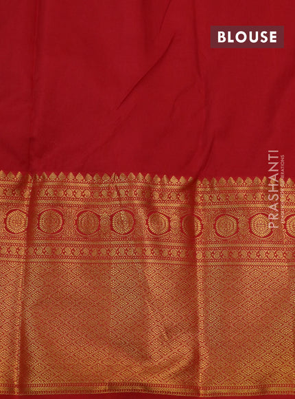 Kanchipuram silk saree mustard green and red with allover silver zari woven brocade weaves and long rich zari woven border
