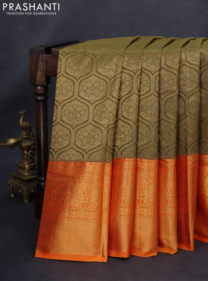 Kanchipuram silk saree olive green and orange with allover zari woven brocade weaves and long rich zari woven border