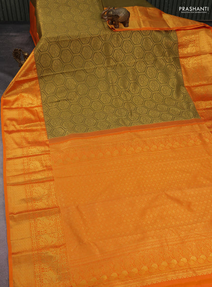 Kanchipuram silk saree olive green and orange with allover zari woven brocade weaves and long rich zari woven border