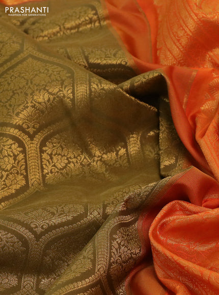 Kanchipuram silk saree olive green and orange with allover zari woven brocade weaves and long rich zari woven border