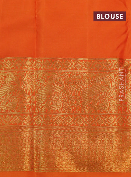 Kanchipuram silk saree olive green and orange with allover zari woven brocade weaves and long rich zari woven border