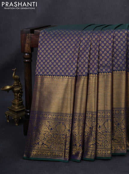 Kanchipuram silk saree dual shade of bluish green with allover zari woven brocade weaves and long rich zari woven border