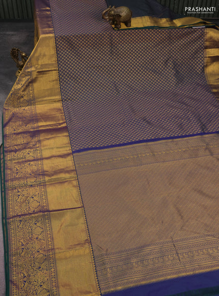 Kanchipuram silk saree dual shade of bluish green with allover zari woven brocade weaves and long rich zari woven border
