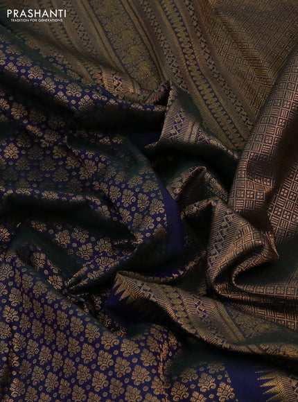 Kanchipuram silk saree dual shade of bluish green with allover zari woven brocade weaves and long rich zari woven border