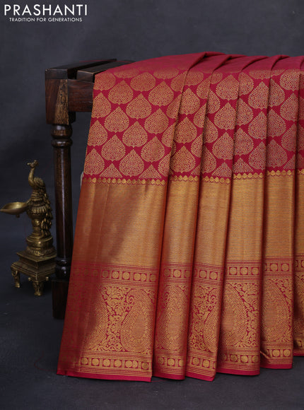 Kanchipuram silk saree maroon with allover zari woven brocade weaves and long rich zari woven border