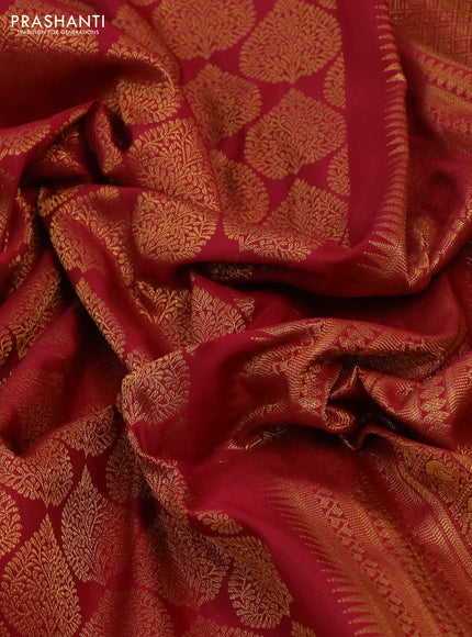 Kanchipuram silk saree maroon with allover zari woven brocade weaves and long rich zari woven border
