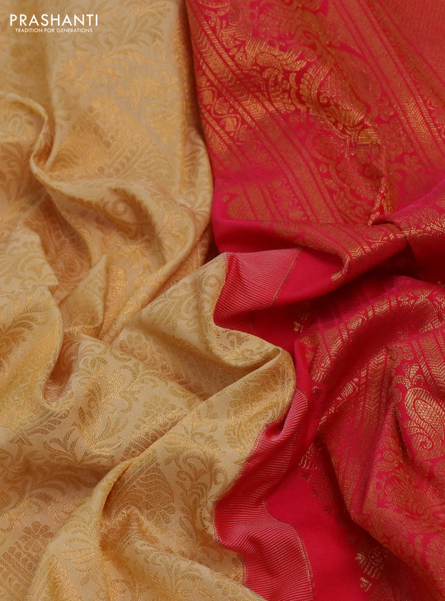 Kanchipuram silk saree cream and pink with allover zari woven brocade weaves and long rich zari woven border