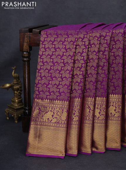 Kanchipuram silk saree purple with allover zari woven brocade weaves and long rich zari woven border