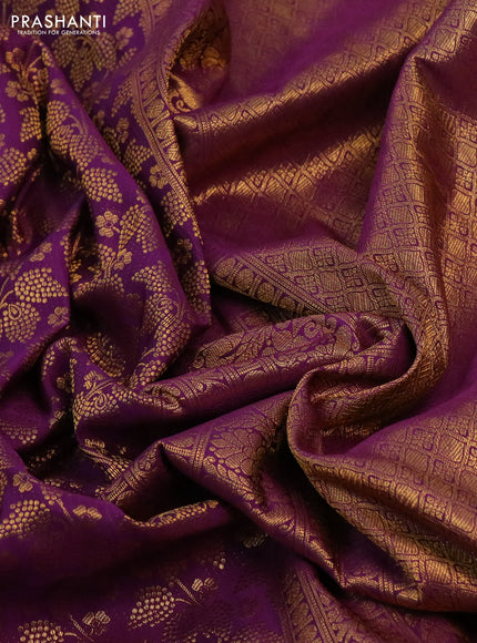 Kanchipuram silk saree purple with allover zari woven brocade weaves and long rich zari woven border