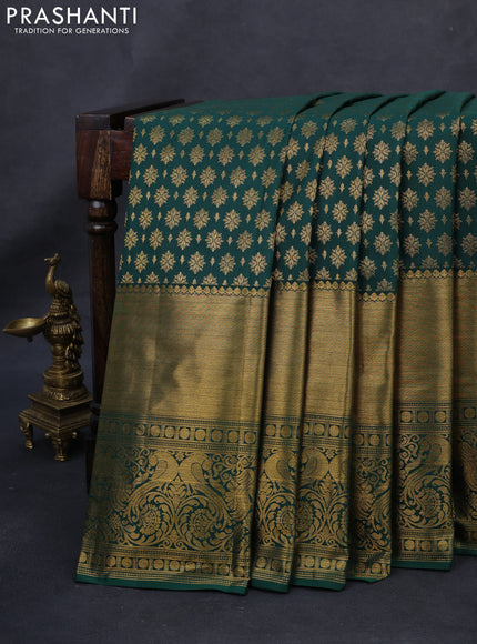 Kanchipuram silk saree green with allover zari woven brocade weaves and long rich zari woven border