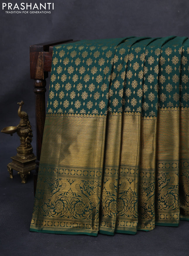 Kanchipuram silk saree green with allover zari woven brocade weaves and long rich zari woven border