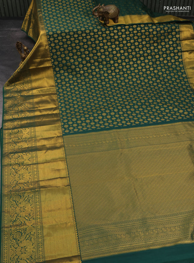 Kanchipuram silk saree green with allover zari woven brocade weaves and long rich zari woven border