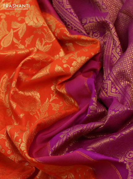 Kanchipuram silk saree orange and purple with allover zari woven floral brocade weaves and long rich zari woven border