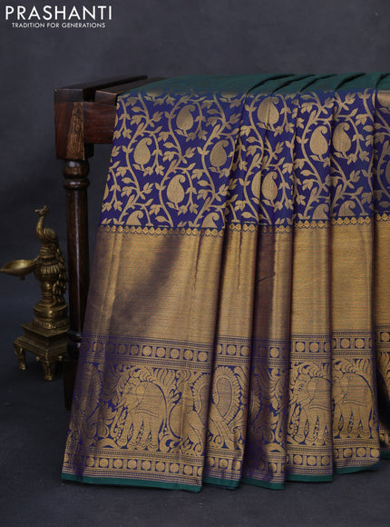 Kanchipuram silk saree dual shade of bluish green with allover zari woven brocade weaves and long rich zari woven border