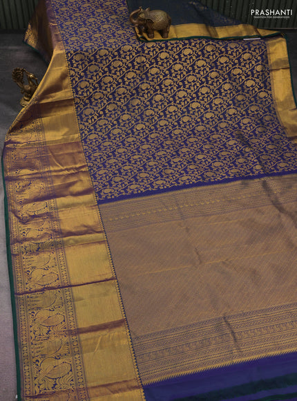 Kanchipuram silk saree dual shade of bluish green with allover zari woven brocade weaves and long rich zari woven border