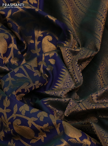 Kanchipuram silk saree dual shade of bluish green with allover zari woven brocade weaves and long rich zari woven border