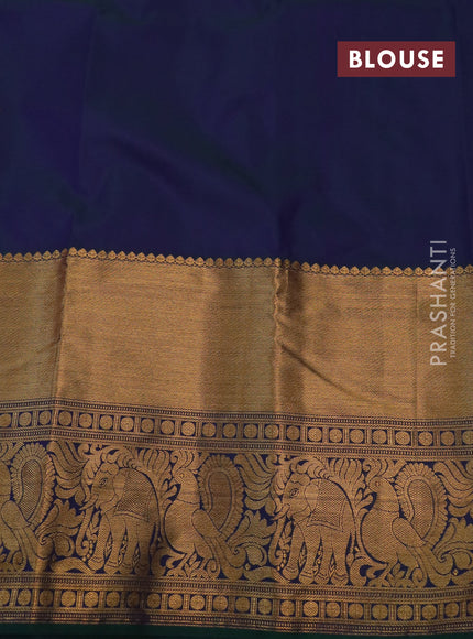 Kanchipuram silk saree dual shade of bluish green with allover zari woven brocade weaves and long rich zari woven border