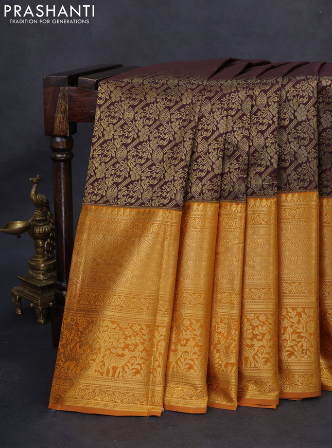 Kanchipuram silk saree coffee brown and dark mustard with allover zari woven brocade weaves and long rich zari woven border
