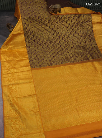 Kanchipuram silk saree coffee brown and dark mustard with allover zari woven brocade weaves and long rich zari woven border