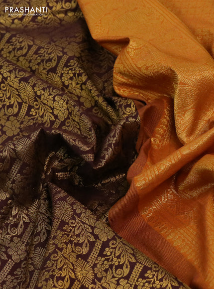 Kanchipuram silk saree coffee brown and dark mustard with allover zari woven brocade weaves and long rich zari woven border