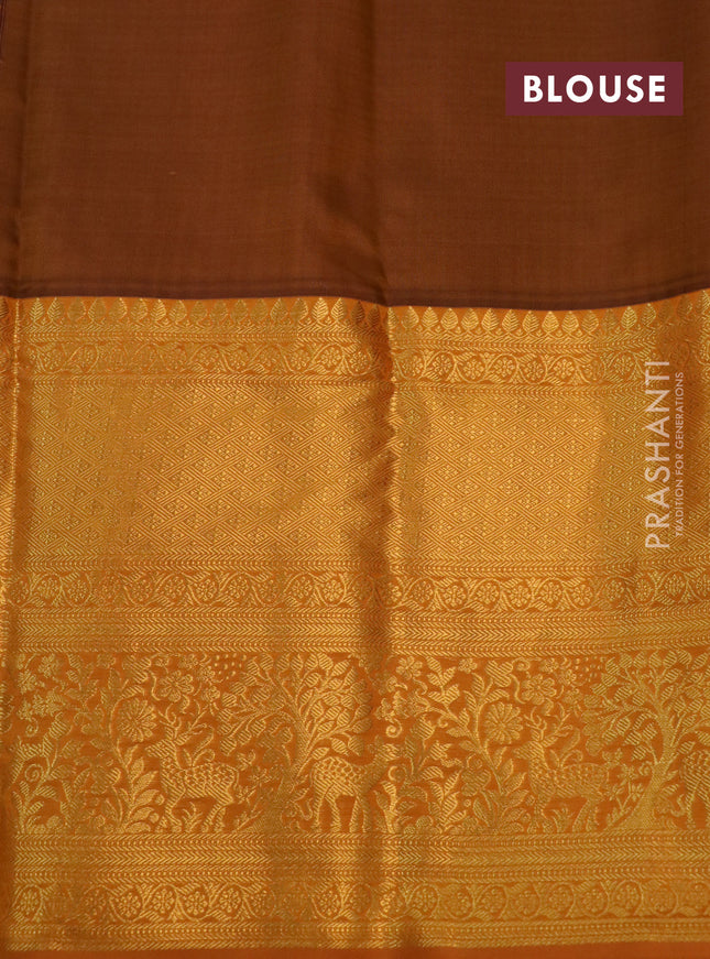 Kanchipuram silk saree coffee brown and dark mustard with allover zari woven brocade weaves and long rich zari woven border