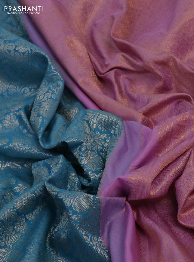 Kanchipuram tissue silk saree teal blue and lavender with allover silver zari woven brocade weaves and long rich zari woven border