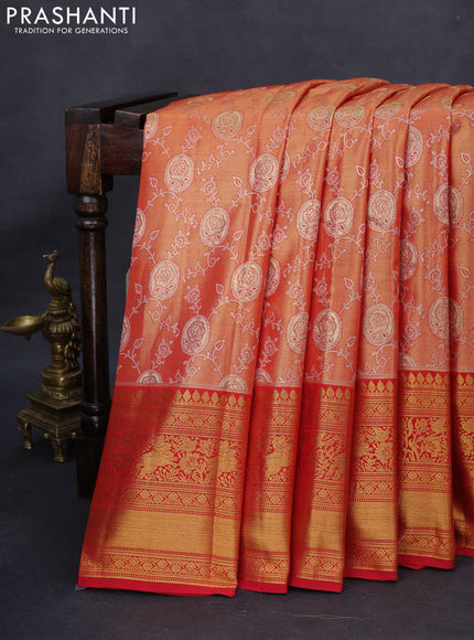 Kanchipuram tissue silk saree dual shade of red with allover zari woven brocade weaves and long rich zari woven border