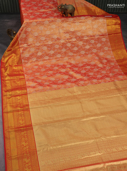 Kanchipuram tissue silk saree dual shade of red with allover zari woven brocade weaves and long rich zari woven border