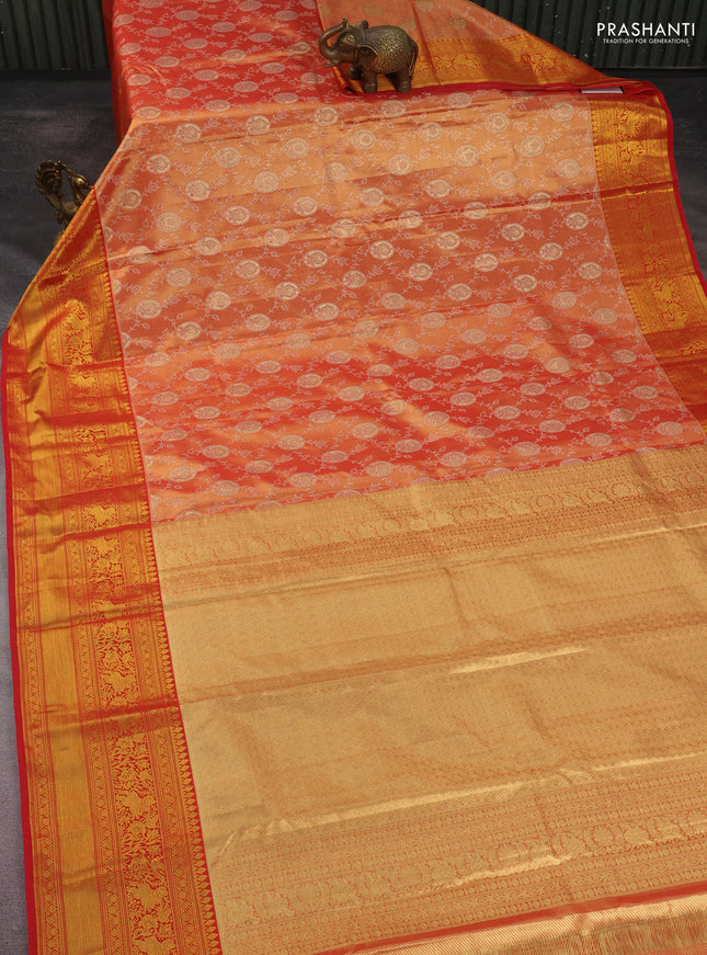 Kanchipuram tissue silk saree dual shade of red with allover zari woven brocade weaves and long rich zari woven border