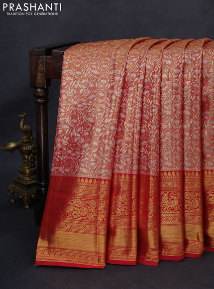 Kanchipuram tissue silk saree dual shade of golden red and red with allover zari woven brocade weaves and long rich zari woven border