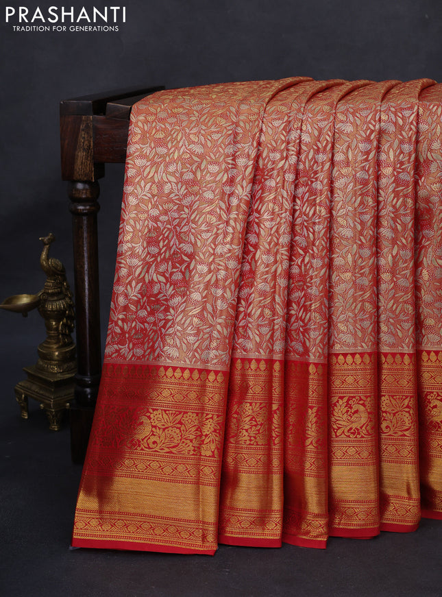 Kanchipuram tissue silk saree dual shade of golden red and red with allover zari woven brocade weaves and long rich zari woven border