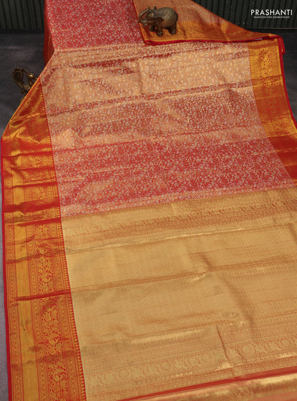 Kanchipuram tissue silk saree dual shade of golden red and red with allover zari woven brocade weaves and long rich zari woven border