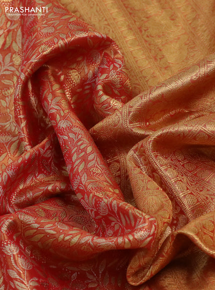 Kanchipuram tissue silk saree dual shade of golden red and red with allover zari woven brocade weaves and long rich zari woven border