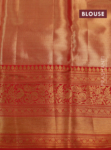 Kanchipuram tissue silk saree dual shade of golden red and red with allover zari woven brocade weaves and long rich zari woven border